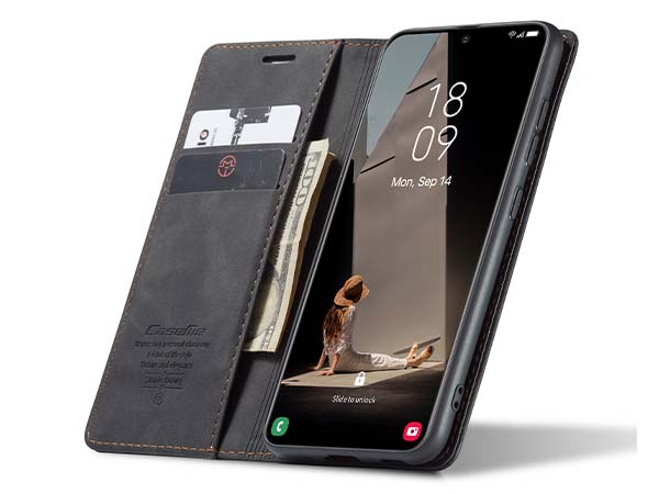 CaseMe Slim Synthetic Leather Wallet Case with Stand for Samsung Galaxy S21 FE - Charcoal