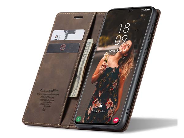 CaseMe Slim Synthetic Leather Wallet Case with Stand for Samsung Galaxy S21 FE - Chocolate