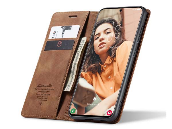 CaseMe Slim Synthetic Leather Wallet Case with Stand for Samsung Galaxy S21 FE - Tan