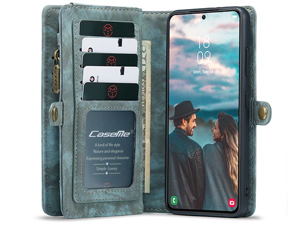 CaseMe 2-in-1 Synthetic Leather Wallet Case for Samsung Galaxy S22 - Teal/Ash