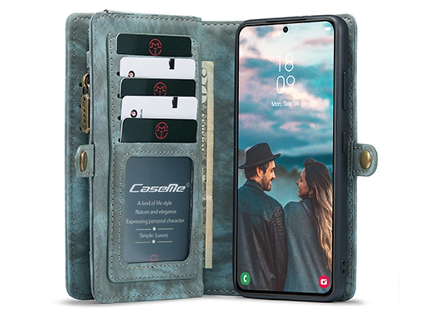 CaseMe 2-in-1 Synthetic Leather Wallet Case for Samsung Galaxy S22+ - Teal/Ash