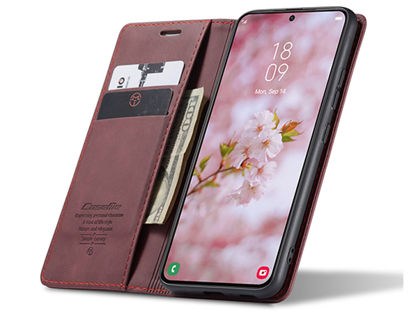 CaseMe Slim Synthetic Leather Wallet Case with Stand for Samsung Galaxy S22 - Burgundy