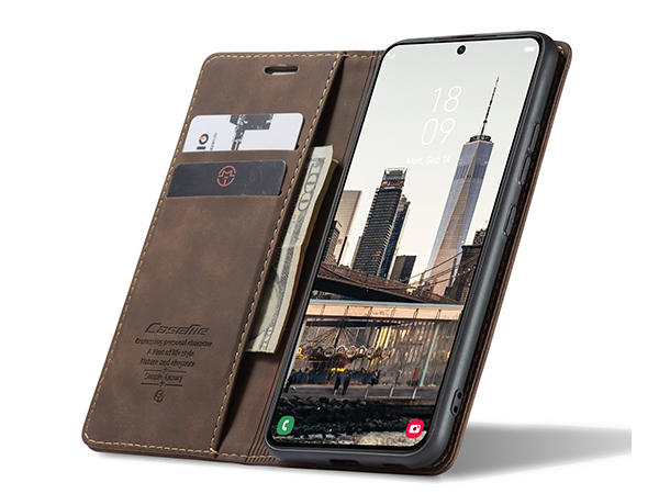 CaseMe Slim Synthetic Leather Wallet Case with Stand for Samsung Galaxy S22 - Chocolate