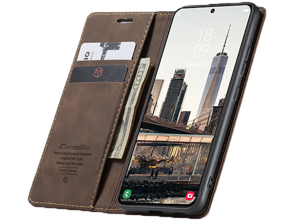 CaseMe Slim Synthetic Leather Wallet Case with Stand for Samsung Galaxy S22+ - Chocolate