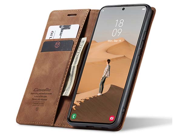 CaseMe Slim Synthetic Leather Wallet Case with Stand for Samsung Galaxy S22+ - Tan
