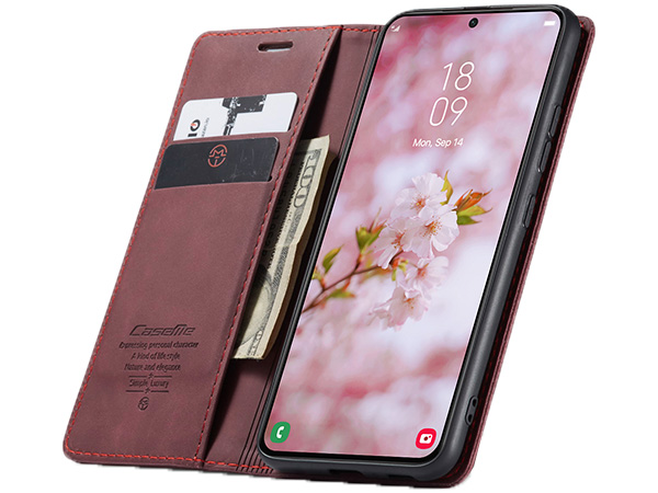 CaseMe Slim Synthetic Leather Wallet Case with Stand for Samsung Galaxy S22+ - Burgundy
