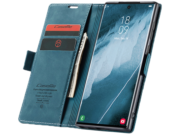 CaseMe Slim Synthetic Leather Wallet Case with Stand for Samsung Galaxy S22 Ultra - Teal