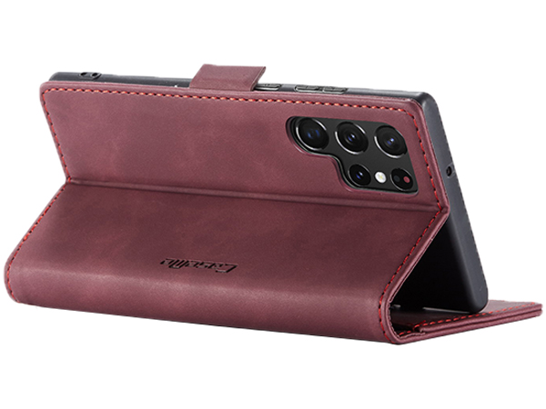 CaseMe Slim Synthetic Leather Wallet Case with Stand for Samsung Galaxy S22 Ultra - Burgundy