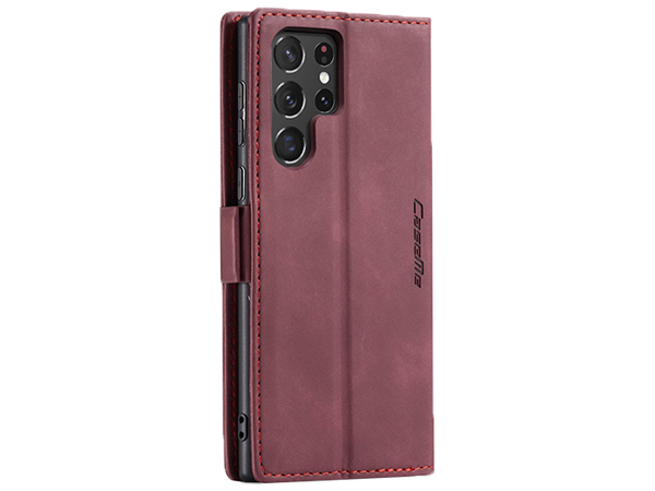 CaseMe Slim Synthetic Leather Wallet Case with Stand for Samsung Galaxy S22 Ultra - Burgundy