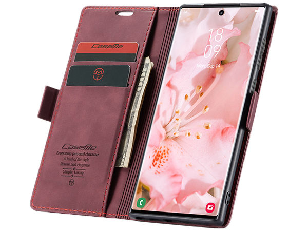 CaseMe Slim Synthetic Leather Wallet Case with Stand for Samsung Galaxy S22 Ultra - Burgundy