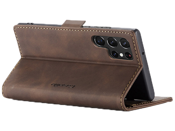 CaseMe Slim Synthetic Leather Wallet Case with Stand for Samsung Galaxy S22 Ultra - Chocolate