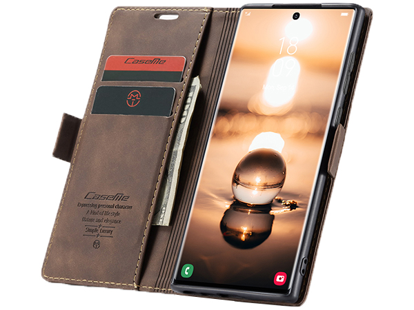 CaseMe Slim Synthetic Leather Wallet Case with Stand for Samsung Galaxy S22 Ultra - Chocolate