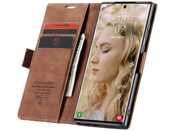 CaseMe Slim Synthetic Leather Wallet Case with Stand for Samsung Galaxy S22 Ultra - Tan