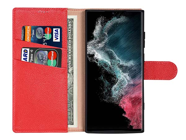 Premium Leather Wallet Case for Samsung Galaxy S22 Ultra - Red