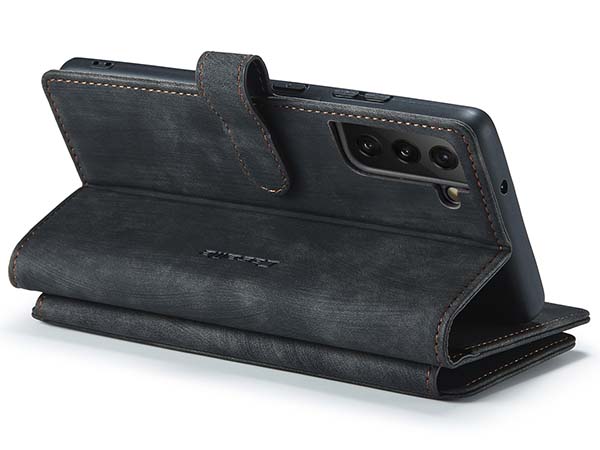 CaseMe Synthetic Leather Wallet Case with Zipper Pocket for Samsung Galaxy S22 - Charcoal Leather Wallet Case