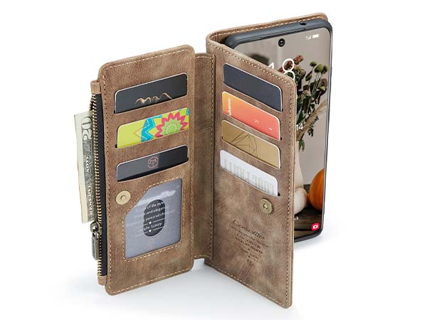 CaseMe Synthetic Leather Wallet Case with Zipper Pocket for Samsung Galaxy S22 - Desert Taupe