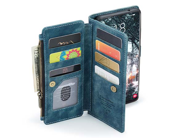 CaseMe Synthetic Leather Wallet Case with Zipper Pocket for Samsung Galaxy S22 - Teal