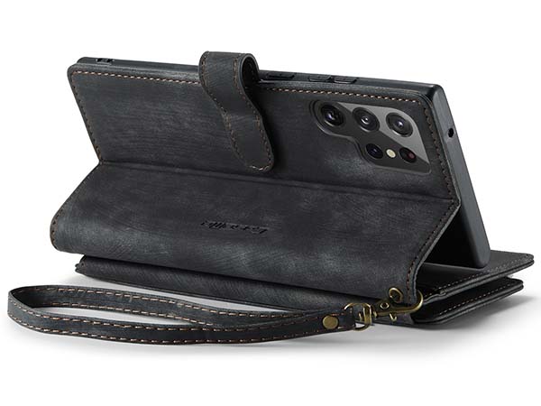 CaseMe Synthetic Leather Wallet Case with Zipper Pocket for Samsung Galaxy S22 Ultra - Charcoal Leather Wallet Case