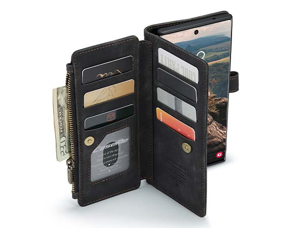 CaseMe Synthetic Leather Wallet Case with Zipper Pocket for Samsung Galaxy S22 Ultra - Charcoal