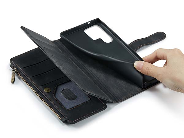 CaseMe Synthetic Leather Wallet Case with Zipper Pocket for Samsung Galaxy S22 Ultra - Charcoal