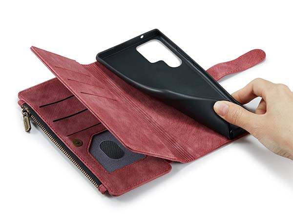 CaseMe Synthetic Leather Wallet Case with Zipper Pocket for Samsung Galaxy S22 Ultra - Pink/Blush