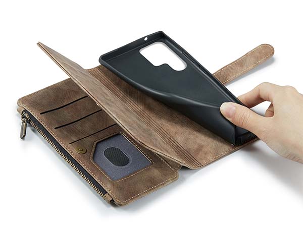 CaseMe Synthetic Leather Wallet Case with Zipper Pocket for Samsung Galaxy S22 Ultra - Desert Taupe