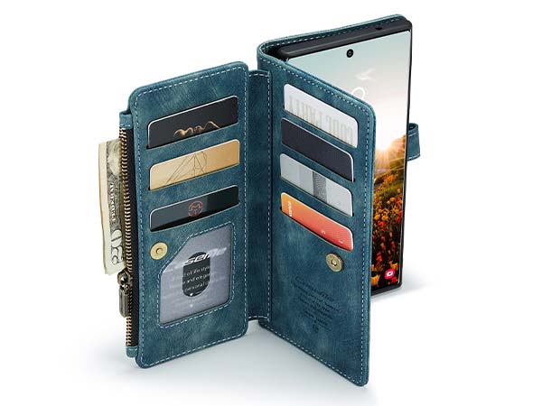 CaseMe Synthetic Leather Wallet Case with Zipper Pocket for Samsung Galaxy S22 Ultra - Teal