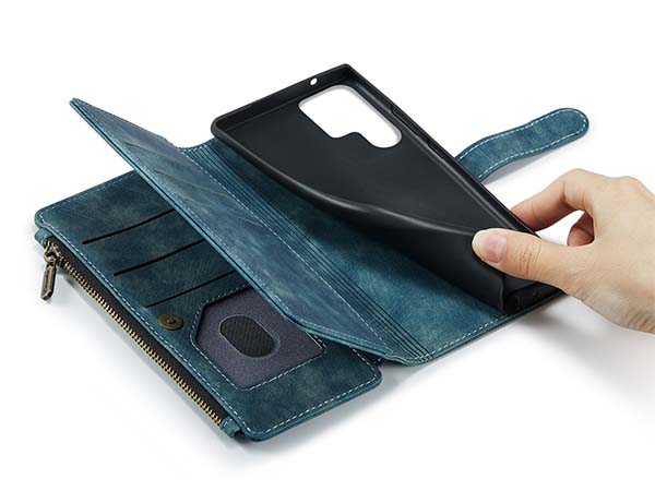 CaseMe Synthetic Leather Wallet Case with Zipper Pocket for Samsung Galaxy S22 Ultra - Teal