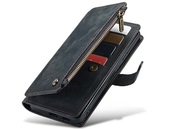 CaseMe Synthetic Leather Wallet Case with Zipper Pocket for Samsung Galaxy S22 Plus - Charcoal Leather Wallet Case
