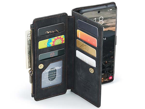 CaseMe Synthetic Leather Wallet Case with Zipper Pocket for Samsung Galaxy S22 Plus - Charcoal