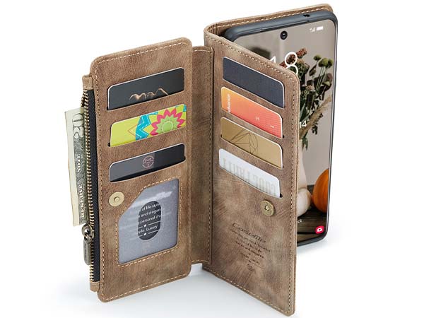 CaseMe Synthetic Leather Wallet Case with Zipper Pocket for Samsung Galaxy S22 Plus - Desert Taupe