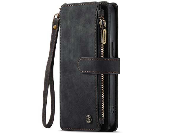 CaseMe Synthetic Leather Wallet Case with Zipper Pocket for iPhone 13 - Charcoal