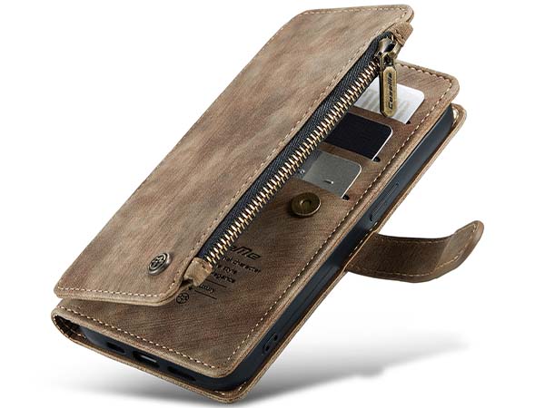 CaseMe Synthetic Leather Wallet Case with Zipper Pocket for iPhone 13 - Desert Taupe Leather Wallet Case