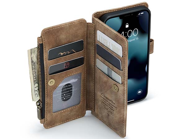 CaseMe Synthetic Leather Wallet Case with Zipper Pocket for iPhone 13 - Desert Taupe