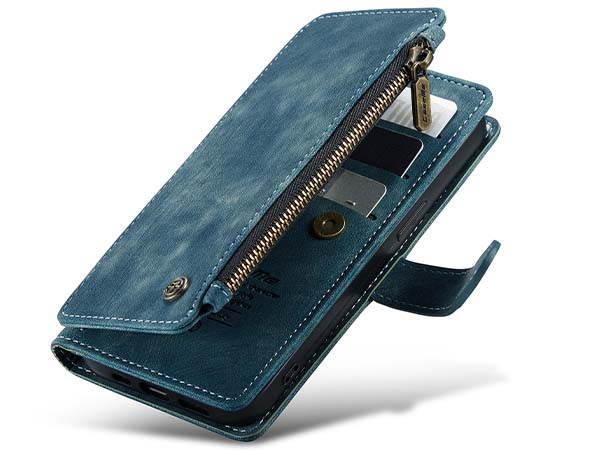 CaseMe Synthetic Leather Wallet Case with Zipper Pocket for iPhone 13 - Teal Leather Wallet Case