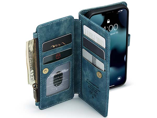 CaseMe Synthetic Leather Wallet Case with Zipper Pocket for iPhone 13 - Teal