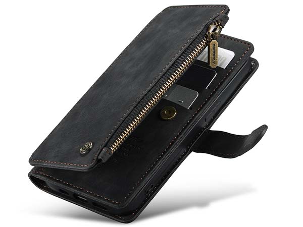 CaseMe Synthetic Leather Wallet Case with Zipper Pocket for iPhone 13 Mini - Charcoal Leather Wallet Case