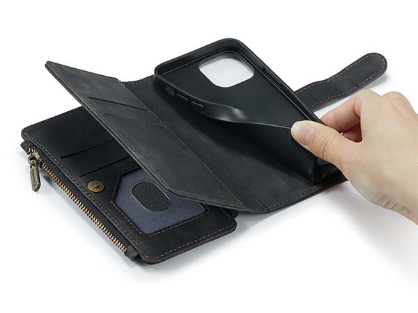 CaseMe Synthetic Leather Wallet Case with Zipper Pocket for iPhone 13 Mini - Charcoal