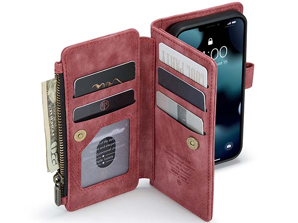 CaseMe Synthetic Leather Wallet Case with Zipper Pocket for iPhone 13 Mini - Blush