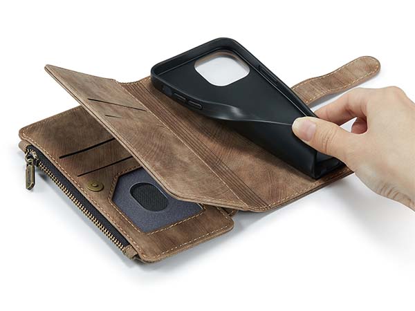 CaseMe Synthetic Leather Wallet Case with Zipper Pocket for iPhone 13 Mini - Desert Taupe