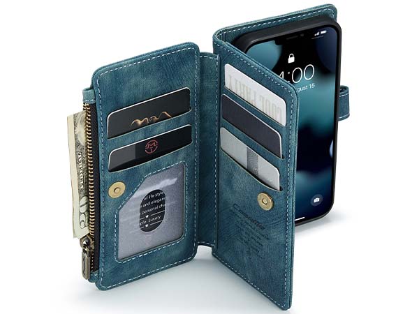 CaseMe Synthetic Leather Wallet Case with Zipper Pocket for iPhone 13 Mini - Teal