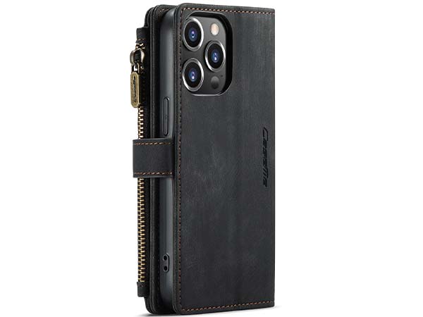 CaseMe Synthetic Leather Wallet Case with Zipper Pocket for iPhone 13 Pro - Charcoal