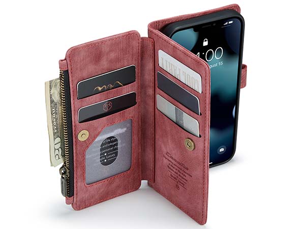CaseMe Synthetic Leather Wallet Case with Zipper Pocket for iPhone 13 Pro - Blush