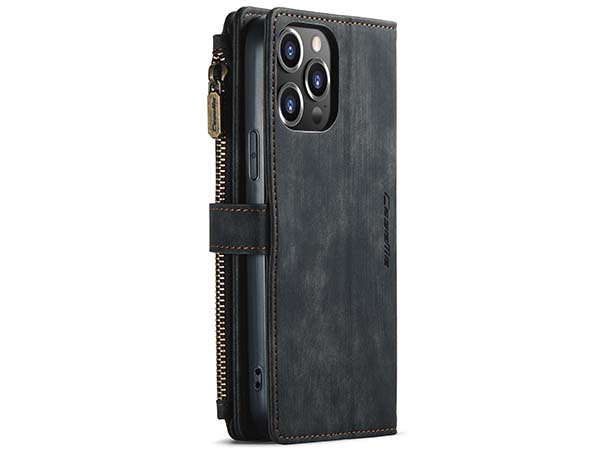 CaseMe Synthetic Leather Wallet Case with Zipper Pocket for iPhone 13 Pro Max - Charcoal
