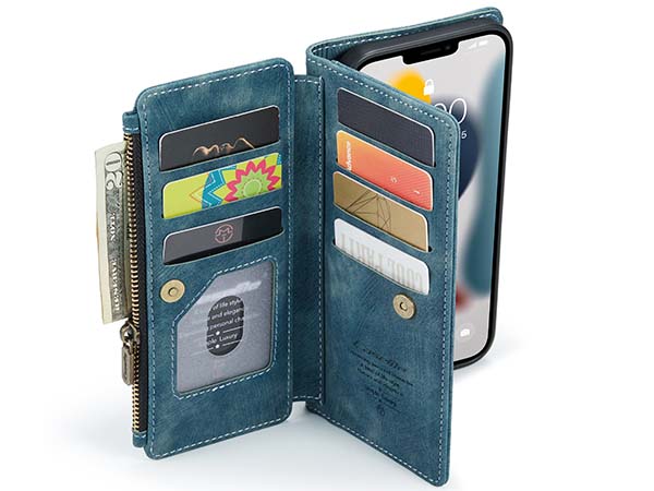 CaseMe Synthetic Leather Wallet Case with Zipper Pocket for iPhone 13 Pro Max - Teal