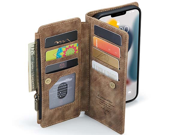 CaseMe Synthetic Leather Wallet Case with Zipper Pocket for iPhone 13 Pro Max - Desert Taupe