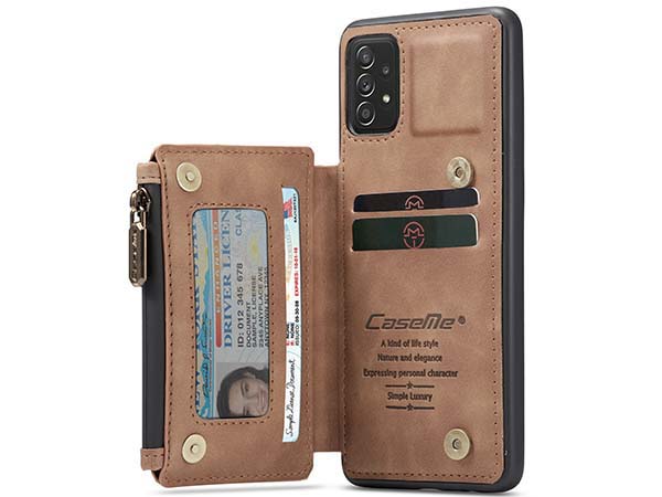 CaseMe Synthetic Leather Case with Back Zipper Pocket for Samsung Galaxy A33 - Tan Leather Wallet Case
