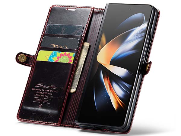 CaseMe Slim Synthetic Leather Wallet Case with Stand for Samsung Galaxy Z Fold4 - Burgundy