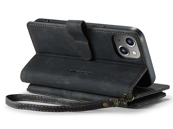 CaseMe Synthetic Leather Wallet Case with Zipper Pocket for iPhone 14 - Charcoal Leather Wallet Case