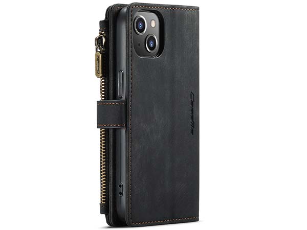 CaseMe Synthetic Leather Wallet Case with Zipper Pocket for iPhone 14 - Charcoal